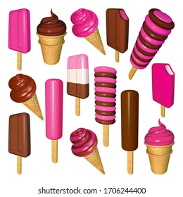 Chocolate and Strawberry Ice Creams Collection. Set of Ice Creams and Popsicles Isolated on White Background. Popsicles, Cones and Cups in Pink and Brown. Vector 3d Realistic Illustration.