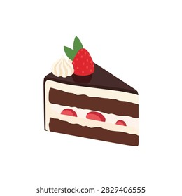Chocolate Strawberry Layer Cake Slice with Whipped Cream Topping Flat Vector Illustration