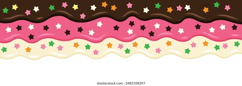 Chocolate, strawberry, and milk drops border cartoon. Vector illustration.