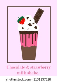 Chocolate and strawberry milk shake (smoothies,drinks,beverage,frappe) topping with chocolate bar, choclate sauce, strawberry and whipping cream. Drinks vector.