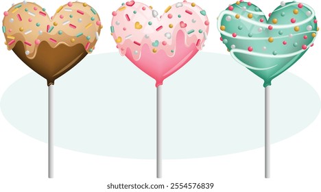 Chocolate, Strawberry and Mint Flavor Heart Shaped Cake Pops Set with Frosting, Cream Drizzle and Colorful Sprinkles Toppings. Festive Pastries on Sticks  