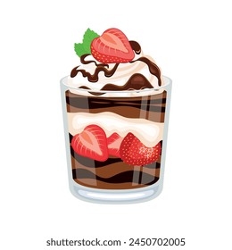 Chocolate Strawberry Parfait vector illustration. Delicious layered chocolate creamy dessert in a glass icon vector isolated on a white background. Strawberry chocolate cake in a jar drawing