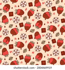 Fresa de chocolate Patrón Seamless. Berry, flores y hojas. Estilo plano dibujado a mano. Ilustración de cartón para embalaje, tarjetas de menú, carteles, impresiones.
