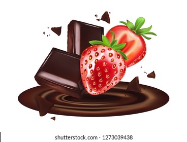 Chocolate and Strawberry with slice of piece in the middle isolated on solid color background, Vector realistic in 3d illustration. Food concept.