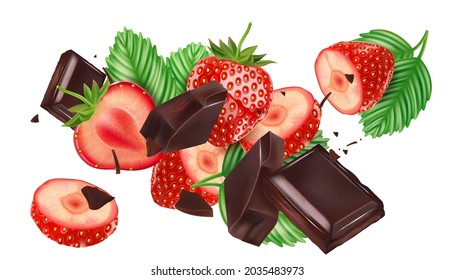 Chocolate and strawberry splashing in the middle isolated on white background, Vector realistic in 3d illustration.