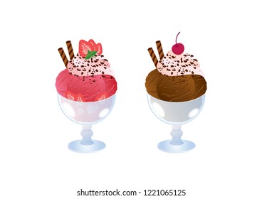 Chocolate and strawberry sundae vector. Ice cream cup isolated on a white background. Ice cream icon