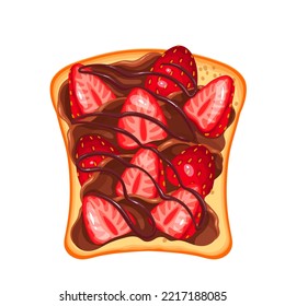 Chocolate and strawberry toast vector illustration. Cartoon isolated toasted bread with creamy brown sweet spread, glaze or sauce decoration and fresh red berry slices, top view of tasty sandwich