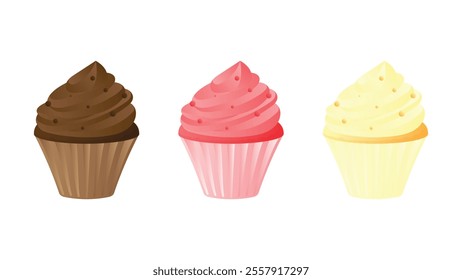 chocolate, strawberry and vanilla cupcake vector illustration