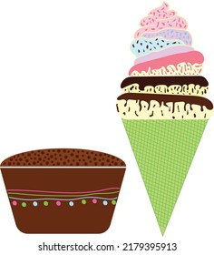 Chocolate, Strawberry And Vanilla Flavor Ice Cream Cone And Small Chocolate Cupcake Clipart. Ice Cream Clipart. Chocolate Cup Cake Clipart. Ice Cream Ad Chocolate Cupcake Vector Art.