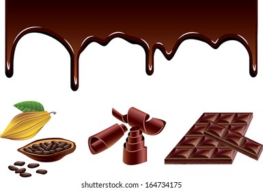 Chocolate streams, curls, candies and cacao beans isolated on white