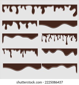 Chocolate streams dripping, blob set. Current splatter melted chocolate, decorative shapes liquids. Stain shape collection, splashes drops, cartoon flat spatters. Isolated vector illustration