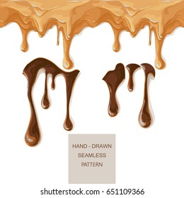 Chocolate streams, melted caramel. Syrup drip pattern isolated on a white background. Flowing caramel vector illustration isolated on transparent background