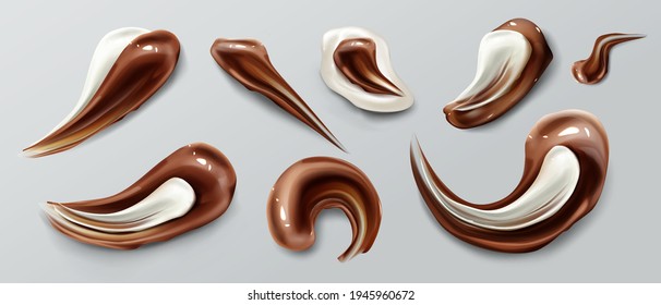 Estribos de chocolate, citología marrón blanca, manchas de salsa de ganache o jarabe y manchas de fundición aisladas sobre fondo blanco. Comida dulce, el choco oscuro traza elementos de diseño de textura realista, vector 3d