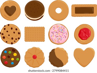 Chocolate sugar sprinkles cookie and cakes in different shapes. Bakery glazed biscuits set for breakfast snack and tea. Sweet colorful cookies and biscuits set on white background. Vector illustration