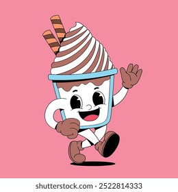 Chocolate sundae cup walking cartoon mascot