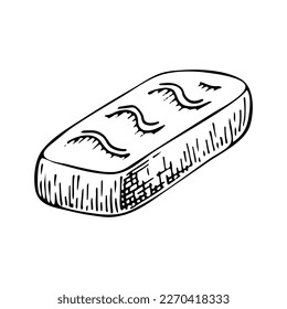 Chocolate sweet bar sketch. Confectionery food, candy, waffles, nut nougat. Yummy dessert. Candies with filling. Cocoa bean product. Hand drawn vector doodle illustration.