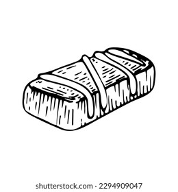 Chocolate sweet bar sketch. Confectionery food, candy, waffles, nut nougat. Yummy dessert. Candies with filling. Cocoa bean product. Hand drawn vector doodle illustration.