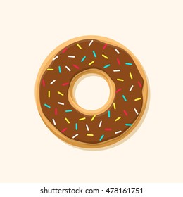 Chocolate sweet brown donut isolated on background. Yummy cookie donut food. Candy decoration color donut with topping. Glazed pastry delicious snack, eat candy.