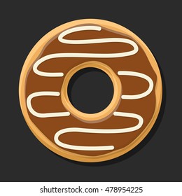 Chocolate sweet brown donut isolated on dark background. Yummy cookie donut food. Candy decoration color donut with topping. Glazed pastry delicious snack, eat candy.