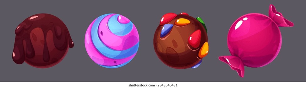 Chocolate sweet candy space planet cartoon set. Food galaxy world fantasy isolated round yummy and cute confectionery satellite for alien. Pink colorful childish caramel clipart for magic ui design