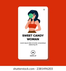 chocolate sweet candy woman vector. portrait young, beautiful holding, yellow chocolate sweet candy woman web flat cartoon illustration