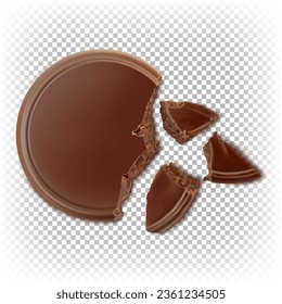 Chocolate sweet coin without wrapper. Round flat chocolate broken into pieces. Top view. Vector realistic illustration isolated on a white background.