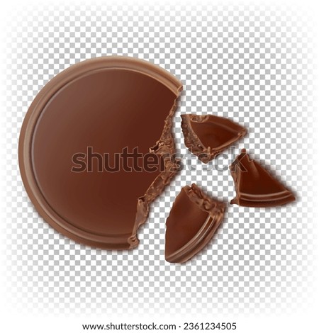Chocolate sweet coin without wrapper. Round flat chocolate broken into pieces. Top view. Vector realistic illustration isolated on a white background.