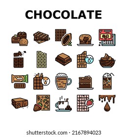 Chocolate Sweet Dessert And Drink Icons Set Vector. Hot And Ice Chocolate Beverage Cup, Cake And Coffee, Caramel And Cream. Cocoa Ingredient Product Nourishment And Snack Color Illustrations