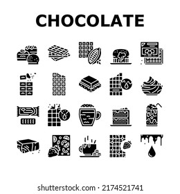 Chocolate Sweet Dessert And Drink Icons Set Vector. Hot And Ice Chocolate Beverage Cup, Cake And Coffee, Caramel Cream. Cocoa Ingredient Product Nourishment Snack Glyph Pictograms Black Illustrations