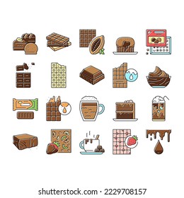 Chocolate Sweet Dessert And Drink Icons Set Vector. Hot And Ice Chocolate Beverage Cup, Cake And Coffee, Caramel And Cream. Cocoa Ingredient Product Nourishment And Snack Color Illustrations