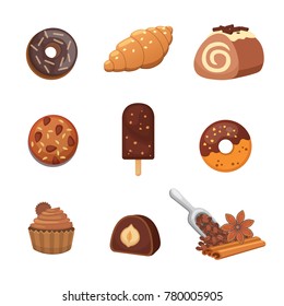 Chocolate sweet dessert icons. Organic food vector