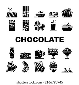 Chocolate Sweet Food And Drink Icons Set Vector. White And Dark Chocolate Bar And Candy, Strawberry And Banana Delicious Cocoa Dessert. Coffee And Milky Beverage Glyph Pictograms Black Illustration