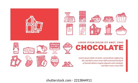 Chocolate Sweet Food And Drink Landing Web Page Header Vector. White And Dark Chocolate Bar And Candy, Strawberry And Banana Delicious Cocoa Dessert. Coffee And Milky Beverage Color Illustrations