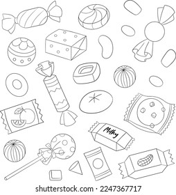 Chocolate, Sweet, Gum and Candy Vector Line Art