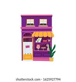 Chocolate or sweet shop. Building's facade.Trendy vector illustration. Isolated on a white background.