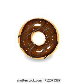 Chocolate sweet sugar glazed donut. Isolated vector icon of a donut with hole on white background. Round donut dessert illustration.