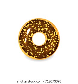 Chocolate sweet sugar glazed donut. Isolated vector icon of a donut with hole on white background. Round donut dessert illustration.