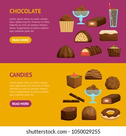 Chocolate Sweets Banner Horizontal Set Include of Candy, Dessert, Donut, Cake and Muffin . Vector illustration of Chocolaty Sweet Food with Topping