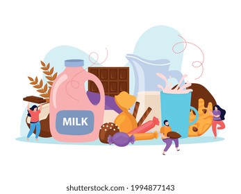 Chocolate sweets bar cookie with milk flat composition vector illustration