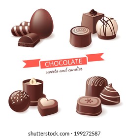 Chocolate sweets and candies over white background