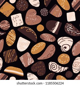 Chocolate sweets candies, seamless vector pattern. Childish hand-drawn illustration in simple cartoon style. For paper, wallpaper, textiles, etc.