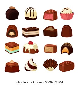 Chocolate sweets with different fillings. Vector illustrations in cartoon style. Chocolate food sweet dessert of collection