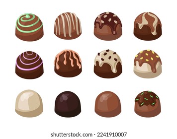 Chocolate sweets with frosting or glaze vector illustrations set. Cartoon drawings of candies, tasty snack made from white, dark, milk chocolate on white background. Desserts, confectionary concept