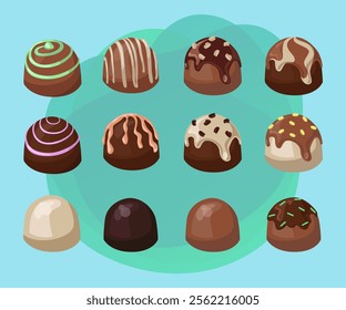 Chocolate sweets with frosting or glaze vector illustrations set. Cartoon drawings of candies, tasty snack made from white, dark, milk chocolate on abstract background. Desserts, confectionary concept