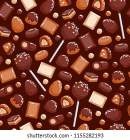 Chocolate sweets icons background - bonbons, chocolate bar, eggs, cake pop vector illustration.