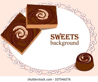 Chocolate sweets on lacy doily, vector background
