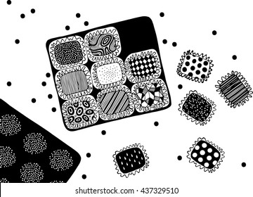 Chocolate sweets with pattern in box. Abstract isolated design elements. Hand drawn vector black and white illustrations. Funny doodle.