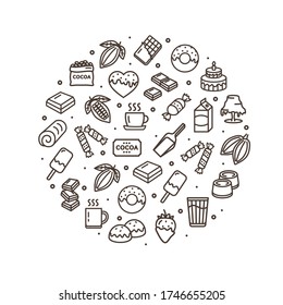 Chocolate Sweets Round Design Template Black Thin Line Icon Banner Include of Cookie and Lollipop. Vector illustration of Lineart