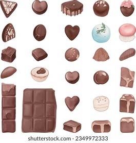 Chocolate sweets set. Hand drawn watercolor illustration on white background.