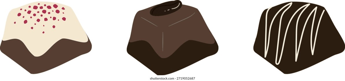 Conjunto de dulces de chocolate. Tres dulces de chocolate con diseño diferente.